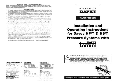 Installation and Operating Instructions for Davey HP ... - Dural Irrigation