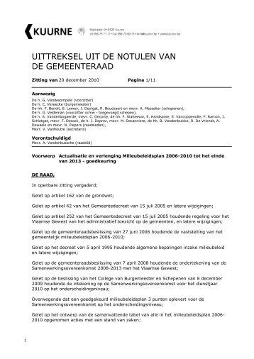 UITTREKSEL UIT DE NOTULEN VAN DE GEMEENTERAAD - Kuurne