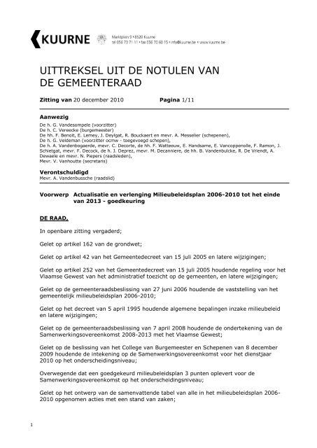 UITTREKSEL UIT DE NOTULEN VAN DE GEMEENTERAAD - Kuurne