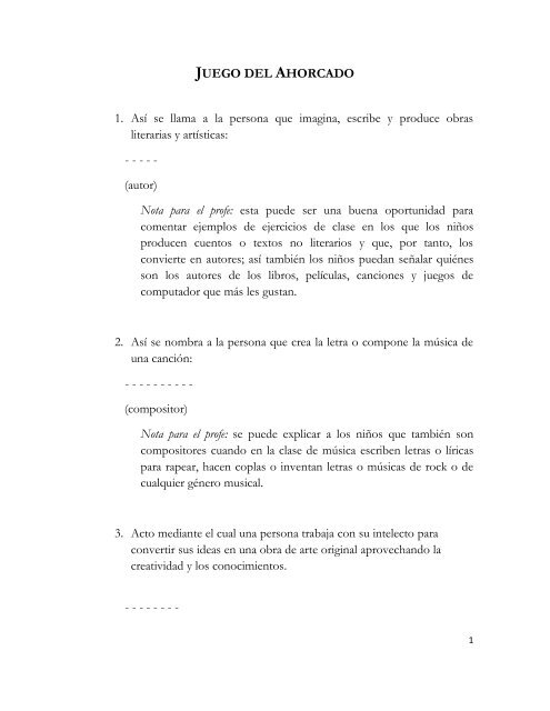 Juego del ahorcado - Nota para profes (PDF) - Cerlalc