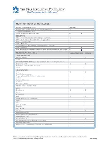 MONTHLY ExpENSES montHlY Budget WorksHeet 0 - USAA.com