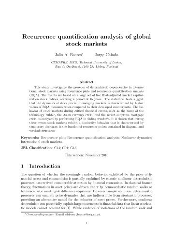 Recurrence quantification analysis of global stock markets - Cemapre