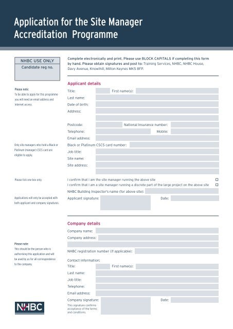 Application for the Site Manager Accreditation Programme