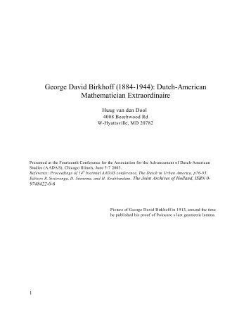 George David Birkhoff (1884-1944): Dutch-American Mathematician ...