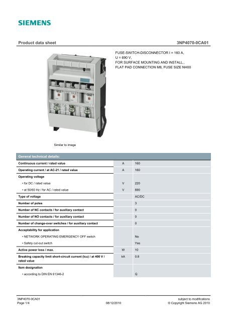 Product data sheet 3NP4070-0CA01