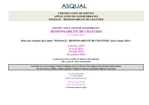 LISTE DES APPLICATIONS DE GEOMEMBRANES ... - Asqual