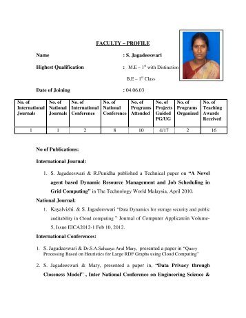 FACULTY – PROFILE Name : S. Jagadeeswari Highest Qualification ...