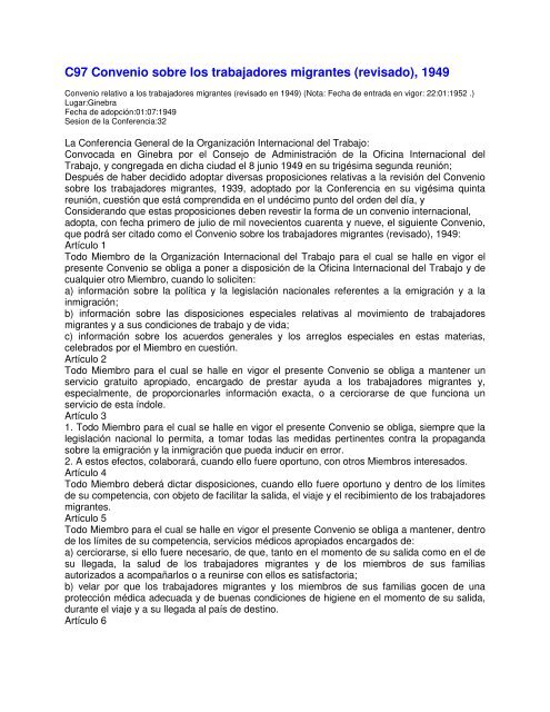 C97 Convenio sobre los trabajadores migrantes (revisado), 1949