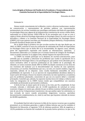 Carta al Defensor del Pueblo de la Presidenta y Vicepresidenta de ...