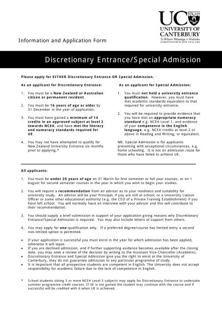 Discretionary Entrance/Special Admission - University of Canterbury