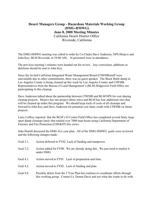 Hazardous Materials Working Group Meeting Minutes June 8, 2000