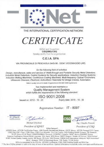 CEIA is an ISO 9001 Company certified