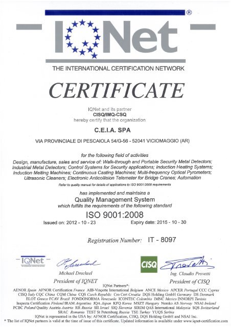 CEIA is an ISO 9001 Company certified