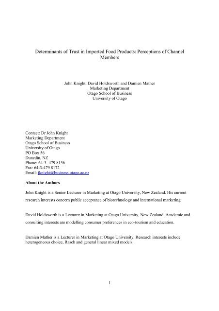 Determinants of Trust in Imported Food Products - Otago University ...