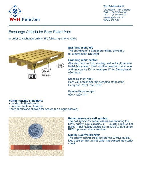 Exchange Criteria for Euro Pallet Pool - W & H Paletten