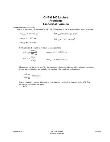 CHEM 145 Lecture Problems Emperical Formula - Widener University