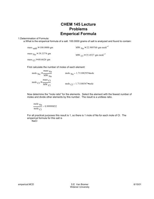 CHEM 145 Lecture Problems Emperical Formula - Widener University