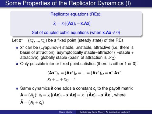 An Introduction to Evolutionary Game Theory: Lecture 2 - School of ...