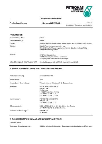 Sicherheitsdatenblatt SELENIA WR 5W-40 - petronas lubricants ...