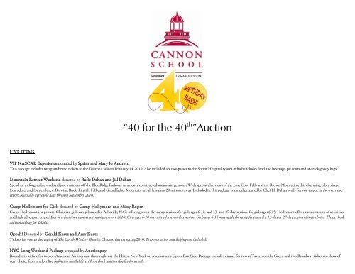 “40 for the 40th”Auction - Cannon School
