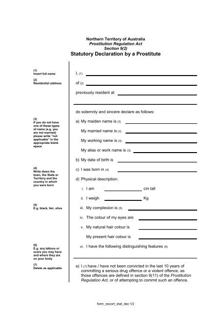 Statutory Declaration by a Prostitute - Department of Business