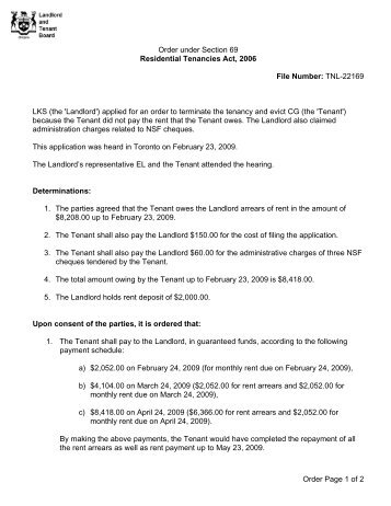 Order Page 1 of 2 Order under Section 69 Residential Tenancies Act ...