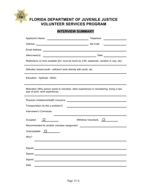 Volunteer Coordinator Manual - Florida Department of Juvenile Justice