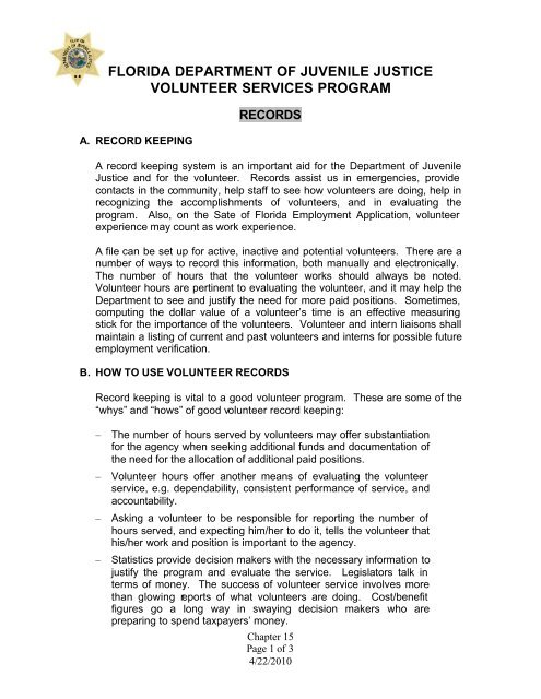 Volunteer Coordinator Manual - Florida Department of Juvenile Justice