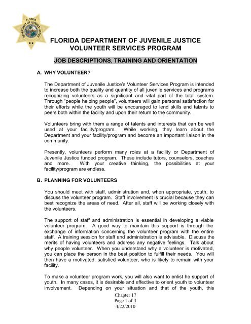 Volunteer Coordinator Manual - Florida Department of Juvenile Justice