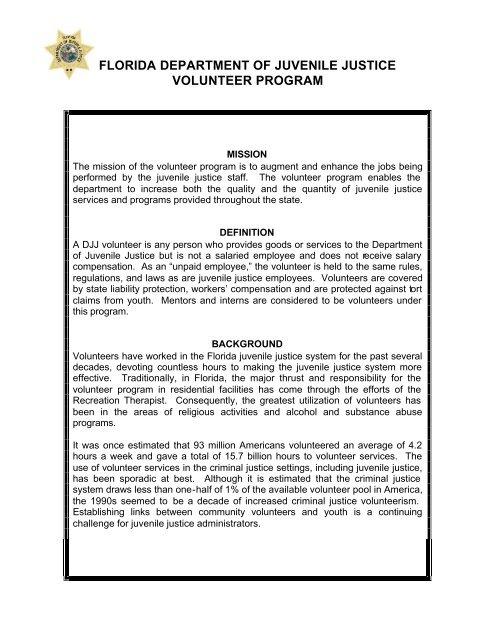 Volunteer Coordinator Manual - Florida Department of Juvenile Justice