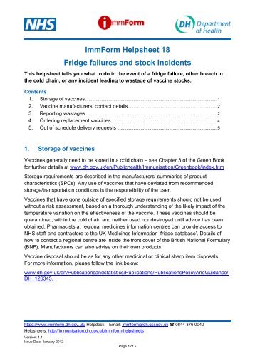 ImmForm Helpsheet 18 | Fridge failures and stock incidents