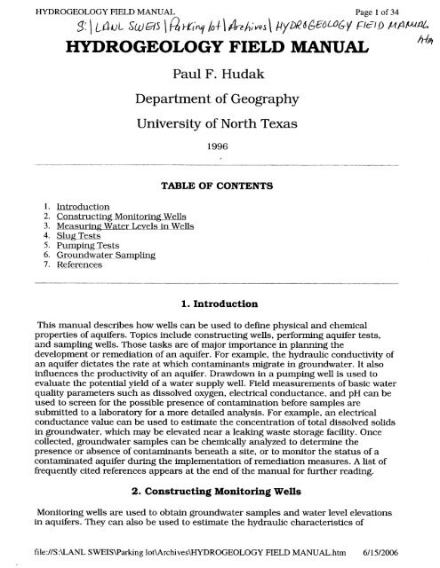 hydrogeology field manual