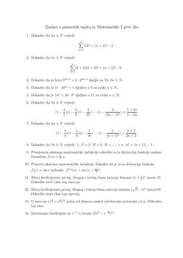 Zadaci s pismenih ispita iz Matematike I prvi dio