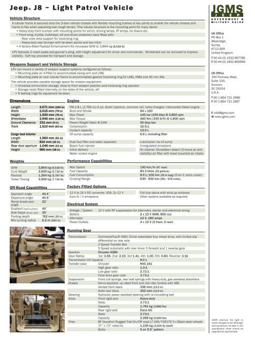 J80 Spec J8 Spec Sheet - LPV - Jeep J8