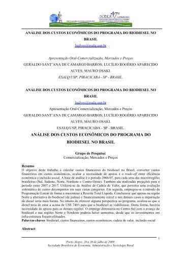 ANÃLISE DOS CUSTOS ECONÃMICOS DO PROGRAMA ... - SOBER