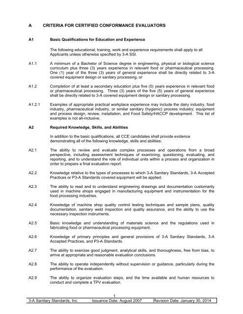 Criteria for Certified Conformance Evaluators - 3-A Sanitary Standards