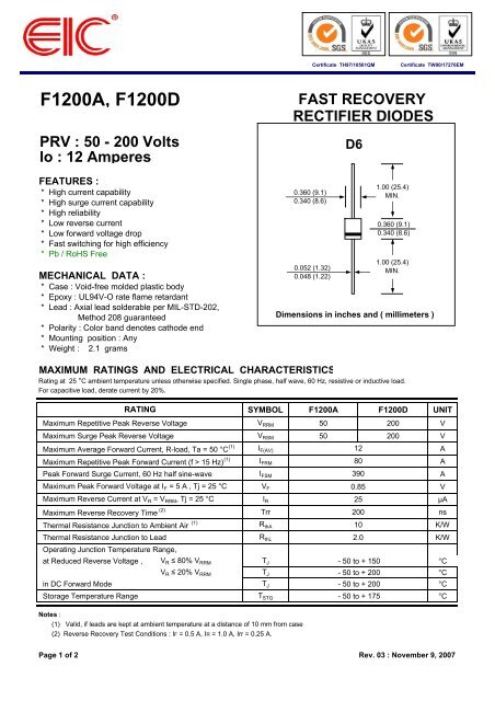 F1200A, F1200D : FAST RECOVERY RECTIFIER DIODES - PRV - EIC