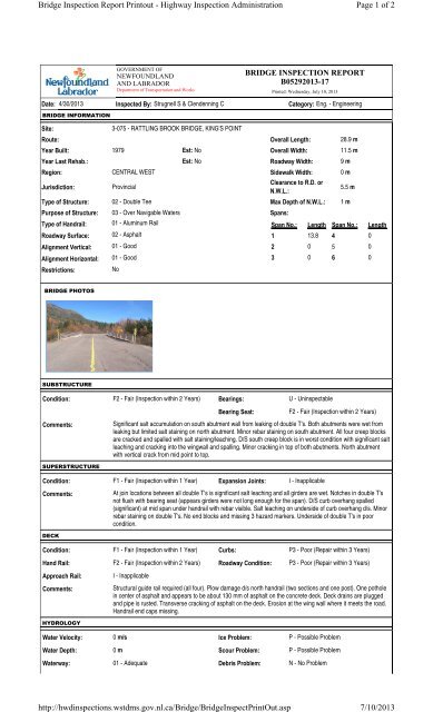 Page 1 of 2 Bridge Inspection Report Printout - Highway Inspection ...