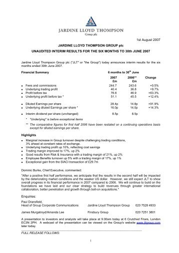 Interim Results for the period to 30th June 2007 - JLT