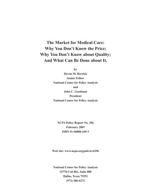 The Market for Medical Care: Why You Don't Know the Price; Why ...