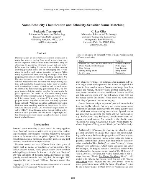 Name-Ethnicity Classification and Ethnicity ... - Dr. C. Lee Giles