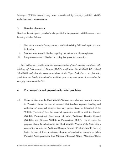 Guidelines for Scientific Research in the Wildlife Protected Areas
