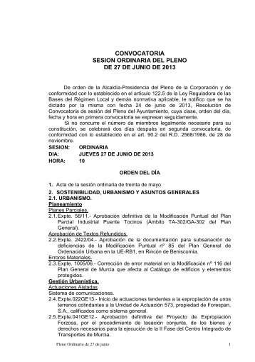 Convocatoria y Orden del dÃ­a Pleno Junio - Ayuntamiento de Murcia