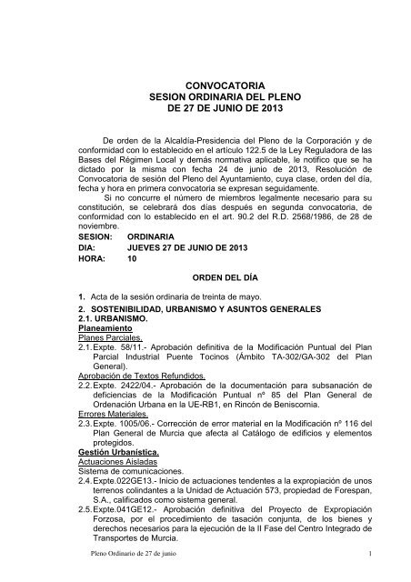 Convocatoria y Orden del dÃ­a Pleno Junio - Ayuntamiento de Murcia