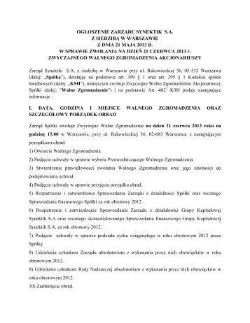 OGŁOSZENIE ZARZĄDU SYNEKTIK S