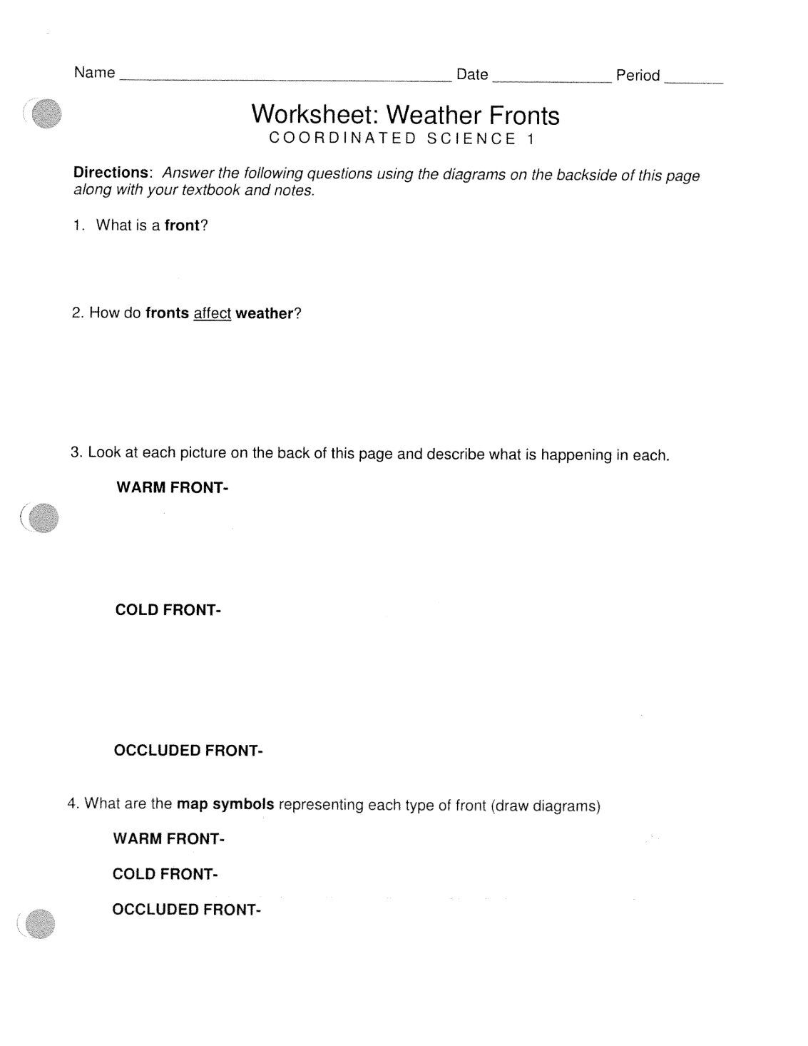 Weather Fronts Worksheet Surface Weather Map Exercise