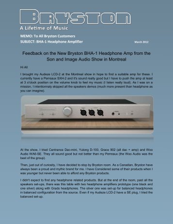 Feedback on the New Bryston BHA-1 Headphone Amp from the Son ...