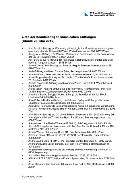 Liste Der Beaufsichtigen Klassischen Stiftungen - BVG- und ...