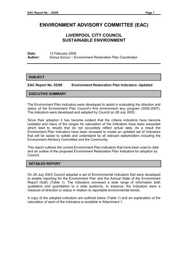 EAC Report No. 02/09 Environment Restoration Plan Indicators