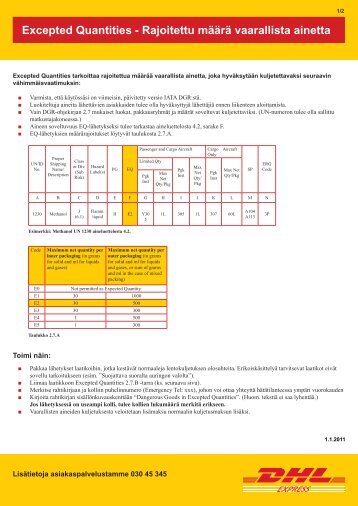 Kuljetettavaksi hyvÃ¤ksyttÃ¤vÃ¤t mÃ¤Ã¤rÃ¤t vaarallisia aineita - DHL